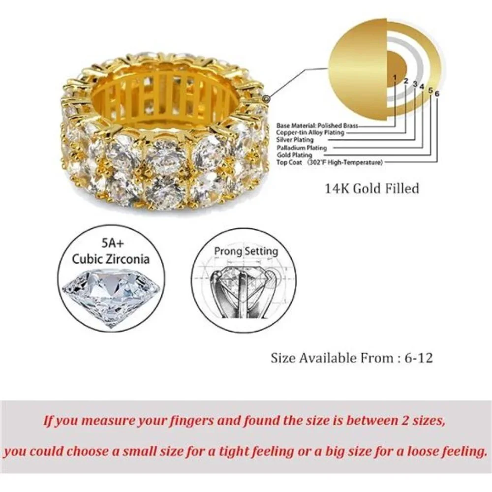 👉 9mm 2Rows Round Cut 14K Silver Plated Iced Out Lab Diamond Bands Ring